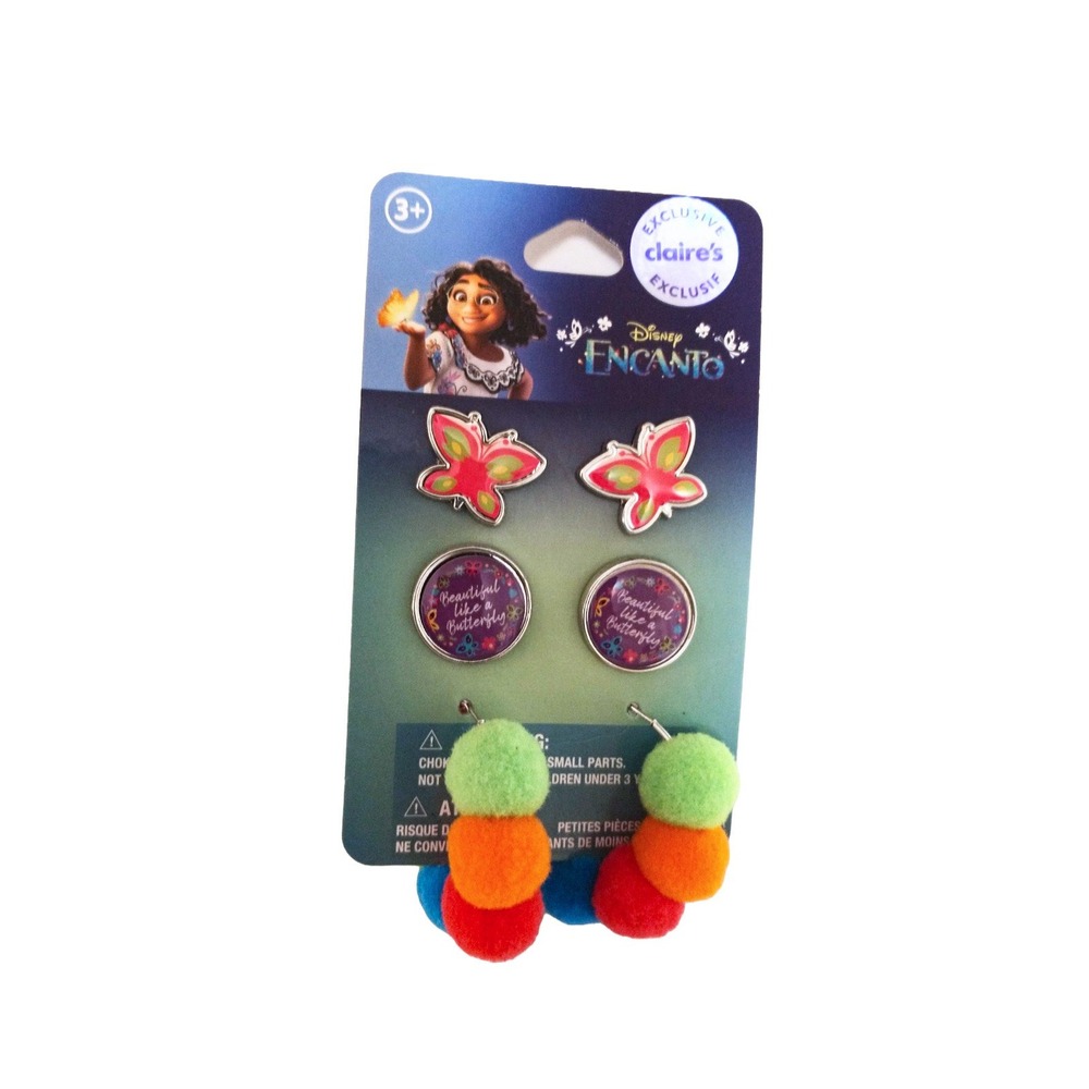 Claire's Disney Encanto 3 Pack Earrings Mirabel Butterfly Pom Pom Colorful Kids